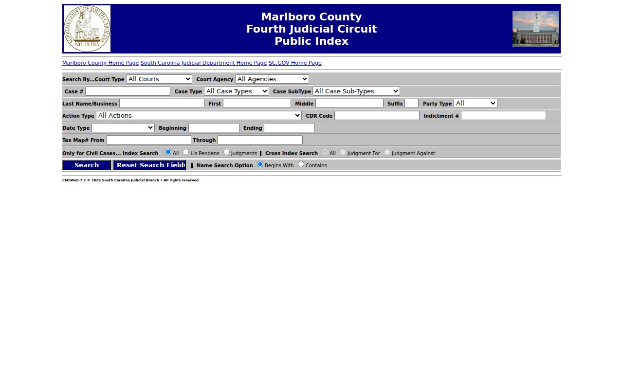 Marlboro County warrant records Public Index search screen