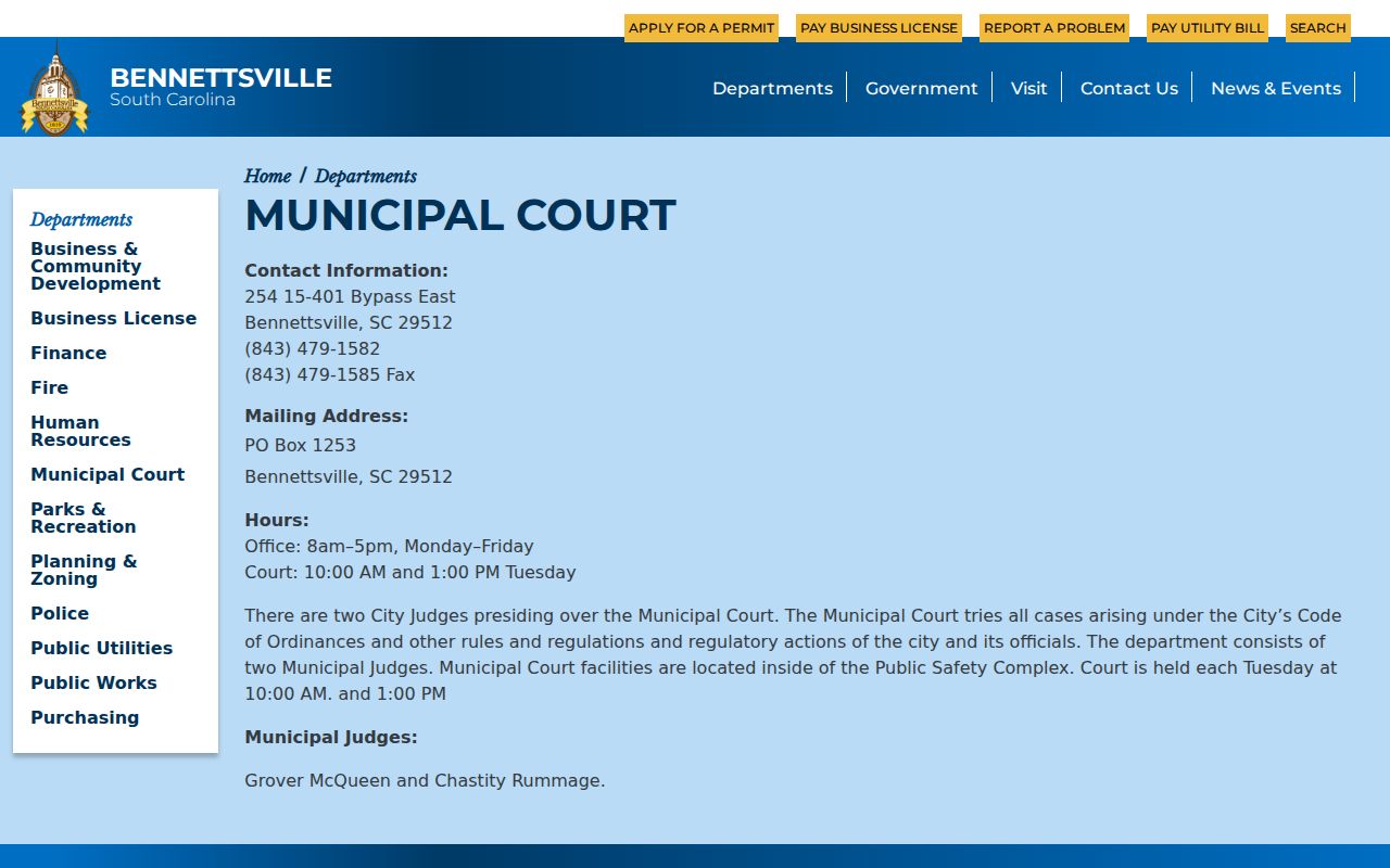 Marlboro County municipal warrant records, Bennettsville court address and session information